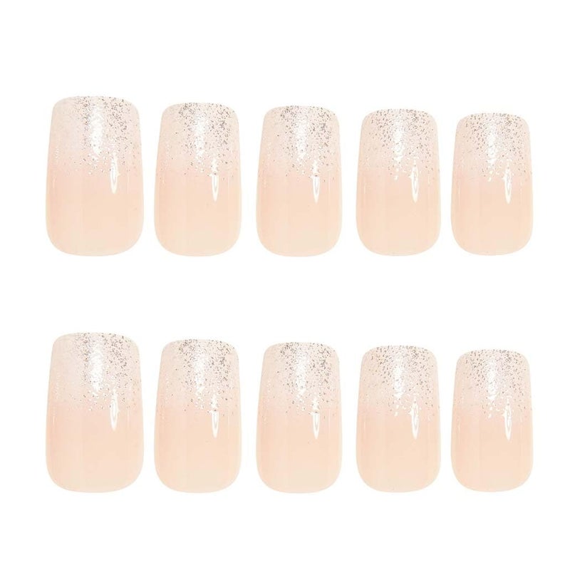 Foccna 24 Pcs Press on Nails Acrylic Square Fake Nails Nude with Design Full Cover Bling False Nails for Women Reusable Nail Kit Adhesive Tabs Nail File - Image 3